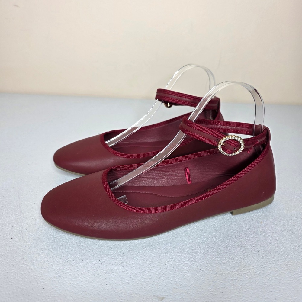 London Rag Ballet Flats Womens 11 Burgundy Ankle Strap Rhinestone Mary Jane